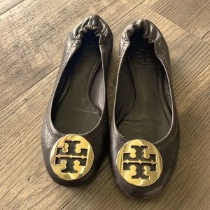 Tory Burch Signature Brown Leather Reva Flats Sz 5.5